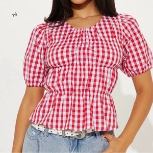 Fashion Nova Red Checkered Puff Sleeve Blouse